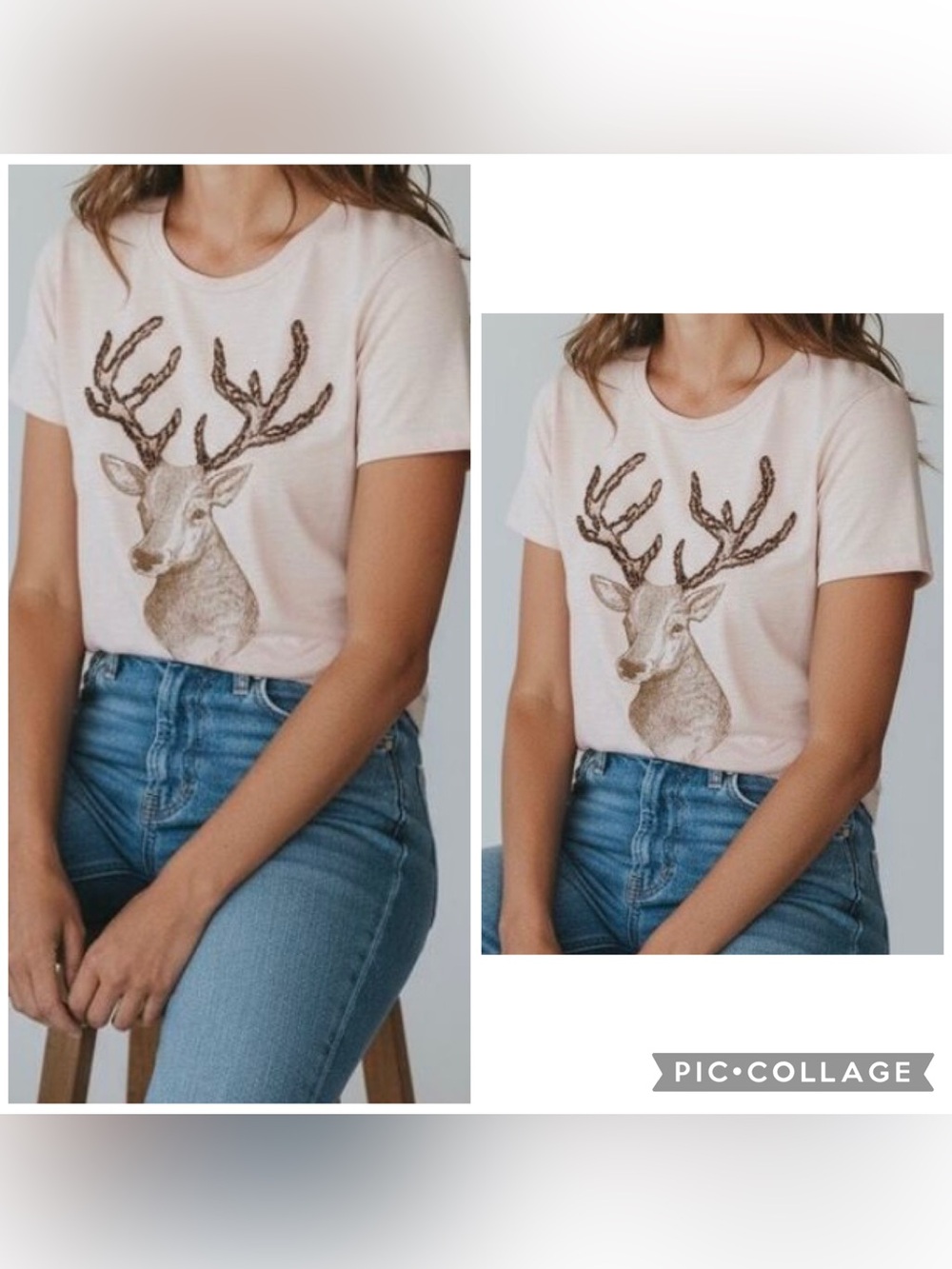 J CREW Women’s Tan Brown DAZZLING DEER Beaded Tee Short Sleeve 100% Cotton Sz L.